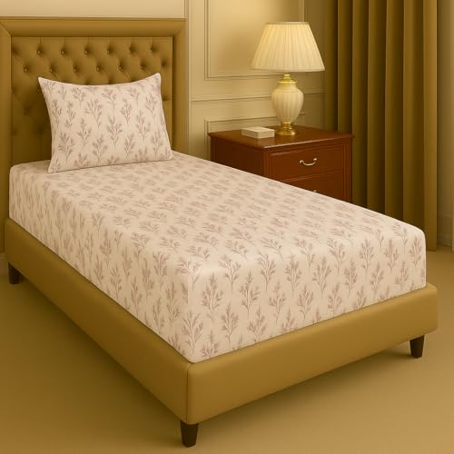 Image of Premium Cotton Elastic Fitted Bedsheets with 1 Pillow Covers |Floral Printed Single Bed Elastic 220 TC Supersoft Breathable & Wrinklefree | for 72x36+6 Inches, Home Story White Light Pink