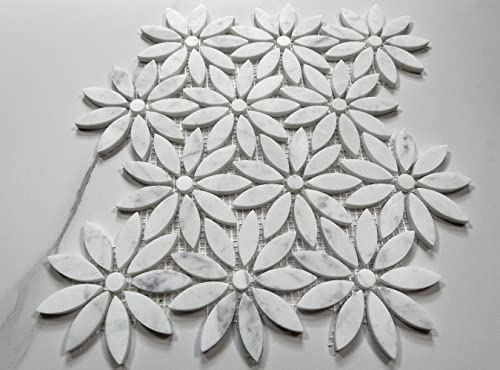 Stone Center Online Carrara White Marble Daisy Field Flower Waterjet Mosaic Tile Honed Kitchen Bath Wall Floor Backsplash Shower (1 Sheet)