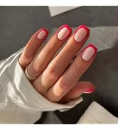 French Tip Press on Nails Short Square Fake Nails Red False Nails with Nude Design Acrylic Artifi...