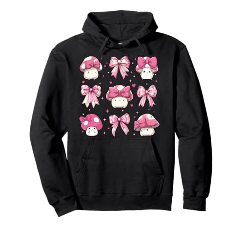 Mushroom Cute Cottagecore Aesthetic Girl Coquette Bow Pink Pullover Hoodie