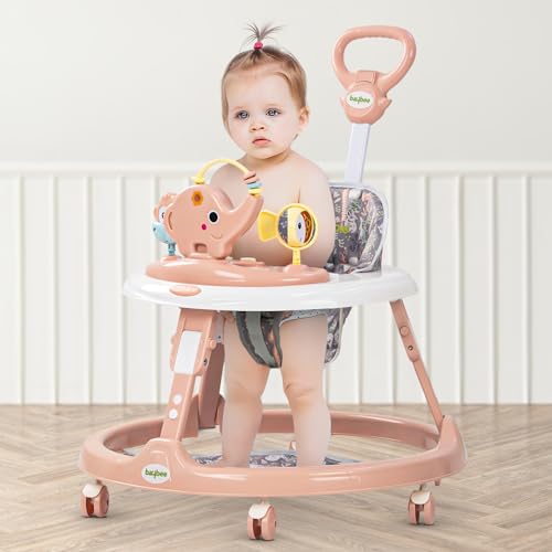Image of Baybee Minto 2-in-1 Baby Walker for Kids with Push Handle, 2-Level Height Adjustment, Footmat & Musical Toy Bar | Activity Push Walker for Babies 6-18 Months (Pink)