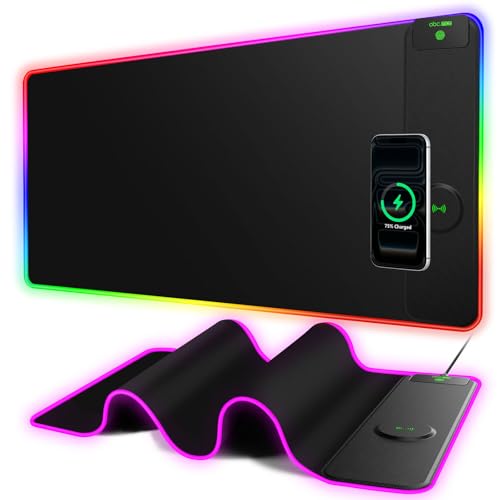 Image of XXL RGB Gaming Mouse Pad with 15W Magnetic Wireless Charger | 31.5'' x 15.8'' Extra Large LED Desk Mat, 24 Light Effects, Non-Slip Rubber Base, Waterproof Easy Gliding Surface