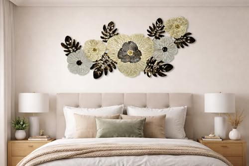 Image of F-RIQA METAL Luxury 3D Metal Wall Art - Golden & BLACK Floral Design | Modern Handcrafted Wall Sculpture for Living Room, Bedroom & Office | Iron Wall Decor Frame (42 x 20 Inch) (GOLD LEAF)