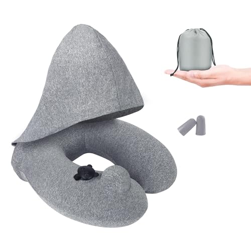 OWill Inflatable Travel Pillow，Ergonomic Push Adult Hooded Travel Neck Pillow Memory Foam，Inflatable Travel Pillow Cushion for Airplane Car Train Camping