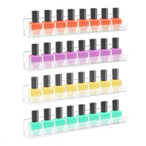 ROYALITA 4-Pack Acrylic Shelves - Wall Mounted Nail Polish Organizer with Removable Anti-slip End Inserts, Holder for Bottles Display & Storage Shelf