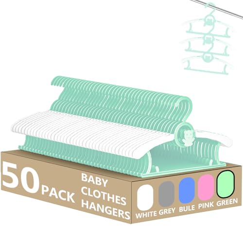 Image of HGYZE Kid Hangers for Closet 50pcs, Green Infant Clothes Hanger 11-14" Adjustable Plastic Baby Coat Hangers with Bear Hook, Non-Slip Children Outfit Hangers for Boy Toddler Newborn Teen Clothing