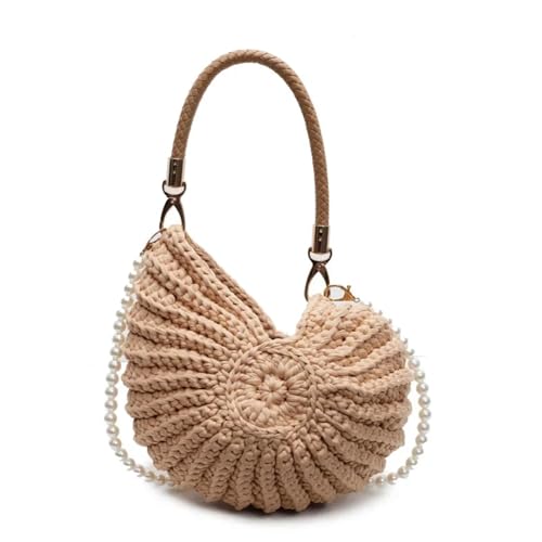 Conch Shell Knit Crochet Crossbody Shoulder Bag,Pearl Chain Handmade Woven Women Sling Bag,Elegant Delicate Compact Purse