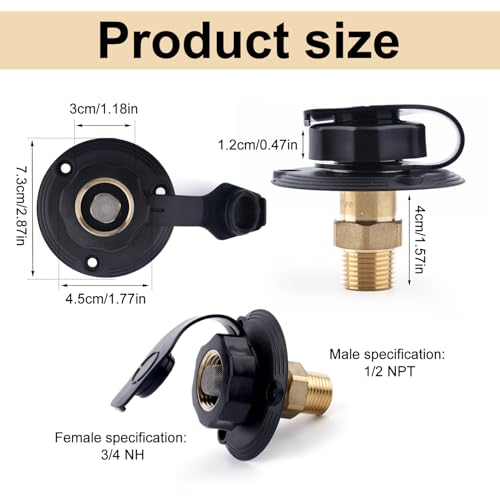 Image of RV City Water Inlet, 3 /4 NH Female to 1 /2 NPT Male RV Hose Connector Fresh Water Fill Inlet Connection Flange with Check Valve Dust Cover Ideal Camper Motorhome Marine Trailer Replacement Accessories