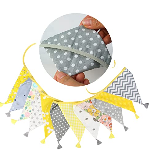 G2PLUS Fabric Bunting Banner with Tassel, 3.3M Double Sided Cotton Tassel Banner with 12 Yellow and Grey Triangle Pennants - Image 3