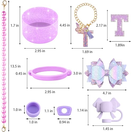 Hpebl 9PCS Purple for Stanley Cup Accessories Set Bling Initials Bow Charms for Stanley Decorations 30/40 Oz Tumbler Accessories Including Bow Straw Topper, Handle Strap, Spill Stopper（Letter T） — view 3