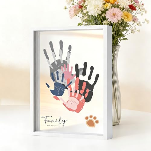 Image of PUDEKO Family Handprint Kit for 5,DIY Craft Family Memories Keepsake Art Baby Newborn Hand and Footprint Wooden Frame for Home Decor Family Gifts Set(5 Sheets with 8 Colors)