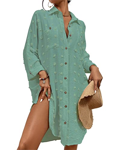 Image of Bsubsach Button Down Swimsuit for Women Sweatshirt Dress with Ruffled Sleeves Beach Shirt
