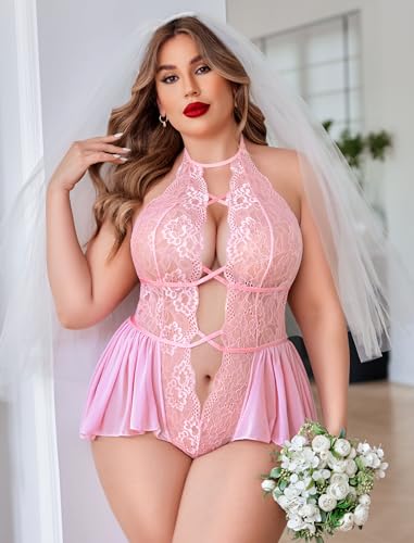 Image of Womens Plus Size Lingerie Lace Bodysuit Teddy One Piece Lace Babydoll | Deep V Neck Sexy Cut Out nightwear Adjustable,Criss cross Straps,Backless Mini Babydoll Romantic gift for wife