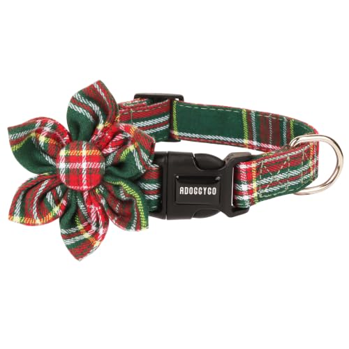 ADOGGYGO Christmas Dog Collar with Flower, Green Plaid Christmas Collar, M