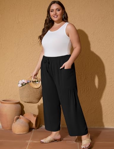 Flygo Plus Size Pants for Women Summer Casual Wide Leg Palazzo Pants Baggy Trousers with Pockets4