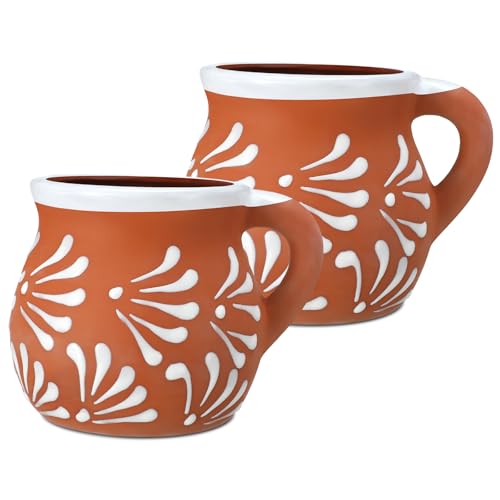 Baderke 2 Pack Mexican Pottery Mugs Mexican Coffee Mugs Clay Cups for Women Men Birthday Graduation Wedding Holiday Parties Gifts, White Terracotta Design, 12 oz