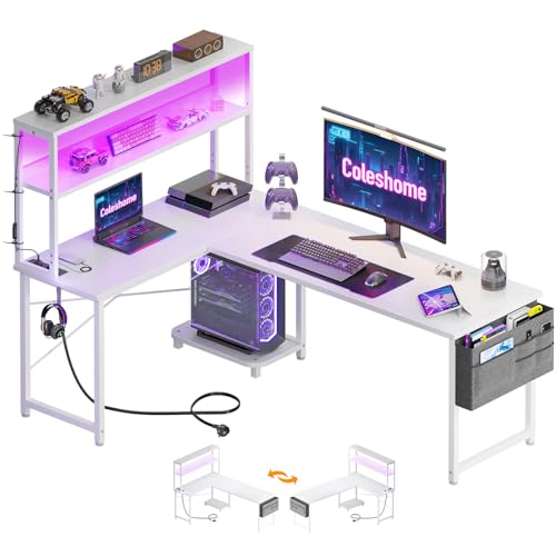 Coleshome Gaming Tisch L Form mit LED & Steckdosen, 155 × 100 cm Reversibel Gaming Schreibtisch mit Ablageregalen, Eckschreibtisch mit Aufbewahrungstasche für Homeoffice und Gaming, Weiß