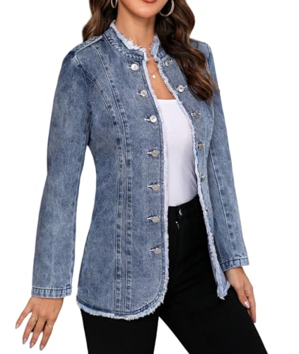 LifeShe Women's Denim Jacket Plus Size Double Breasted Button Raw Trim Jean Jackets Coat