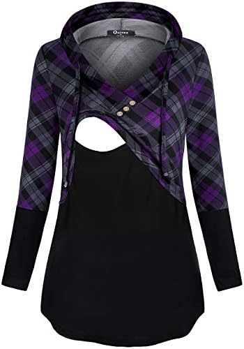 Fall Maternity Clothes, Quinee Womens Long Sleeve V Neck Tops Nursing Blouses for Breastfeeding Mothers Thin Sweatshirts Contrast Postpartum Pullover Hoodies Black Purple Plaid S