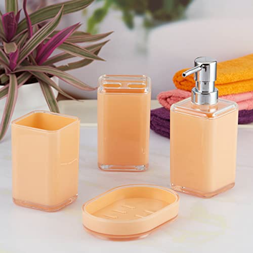 Image of Kookee Acrylic Bathroom Set - Stylish 4 Piece Bath Accessories Kit with Soap Dispenser, Toothbrush Holder, Tumbler & Soap Dish - Modern & Designer Decor for Home & Guest Bathrooms (10047)