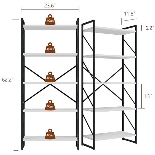 Shintenchi 5 Tiers Bookshelf, Classically Tall Bookcase Shelf,Industrial Book Rack,Modern Book Holder in Bedroom/Living Room/Office, Storage Rack Shelves for Books/Movies,11.8" Dx23.6 Wx62.2 H,White