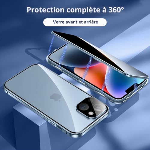 Coque iPhone 14 Anti Espion magnétique bleu avec protection 360 - 4