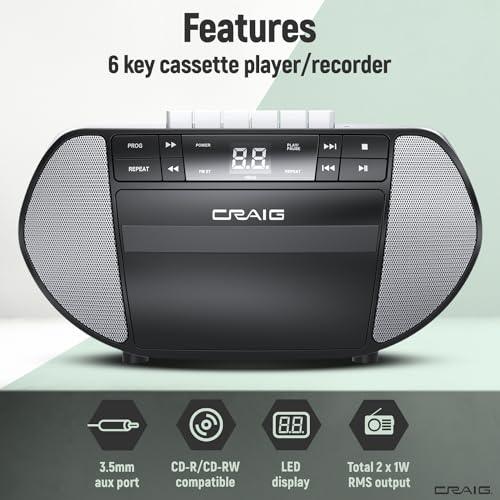 Craig CD6951-SL Portable Top-Loading CD Boombox with AM/FM Stereo Radio and Cassette Player/Recorder in Black and Silver | 6 Key Cassette Player/Recorder | LED Display |