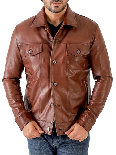 Jild Classic Trucker Fashion Leather Jacket Men - Premium Suede Leather Shirt Style Coat Jacket (Trkr-Tan-L)