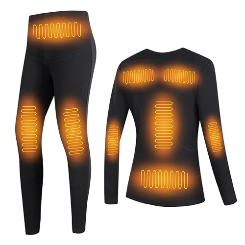 Gueploer 11 Áreas De Ropa Interior Térmica Calefaccionada para Mujeres, Conjunto De Camiseta Y Pantalón Térmico Eléctrico para Interiores Y Exteriores,Negro,L