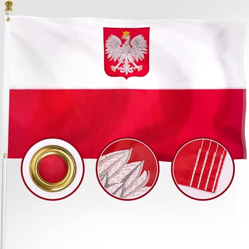 XIFAN Premium Poland Ensign Flag 3x5 ft Outdoor Large Double Sided Heavy Duty 210D Nylon Embroidered Eagle Polish Country Flag Longest Lasting Decoration with 4-Stitch Hemming Brass Grommets