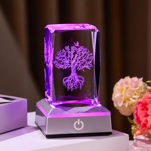 Image of Tree of Life Crystal Cube - 3D Laser Engraved Color Changing LED Light Base | Premium Home Desk Decor, Spiritual Gifts for Women Men, Night Light & Paperweight