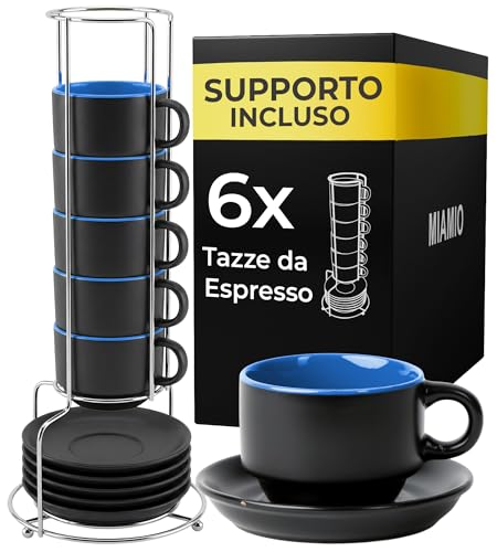 MIAMIO - 6 x 75 ml Espresso Tazzina da caffè - Sei Tazzine Impilabili - Set di Tazze da Caffè, Ceramica - Le Papillon Collezione (Blu)