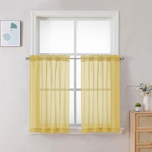 Image of Chyhomenyc Mustard Yellow Short Sheer Curtains 30 inch Length, Light Filtering Half Window Curtians for Kitchen, Elegant Small Curtain for Basement Bathroom Cabinet, 42Wx30L inches, 2 Panels