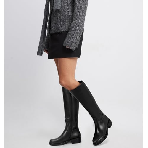 Dsevht Black Knee High Boots for Women Faux Leather Elastic Low Heel Round Square Toe Side Zipper Fall Long Tall Boot3