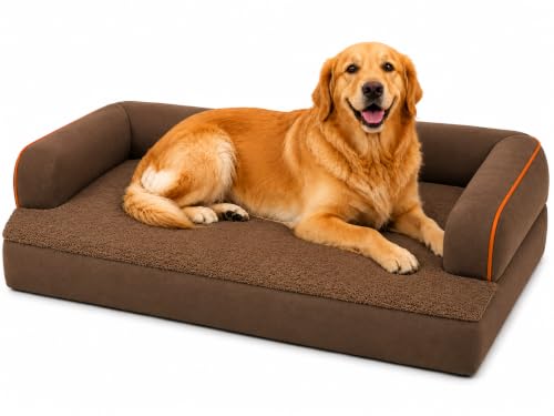 Image of Cutepups Orthopedic Dog Bed Medium, Dog Bed with Waterproof Liner, Washable Removable Cover, Non-Slip Bottom, Pet Sofa Bed for Medium Dogs,Brown /Orange Pipingr