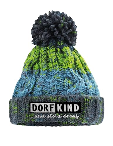 tshirtladen Bonnet à pompon avec broderie « Dorfkind » et fière - En tricot multicolore - Double couche - Doublure chaude - Avec bande thermique - Unisexe, Gris électrique, Taille unique