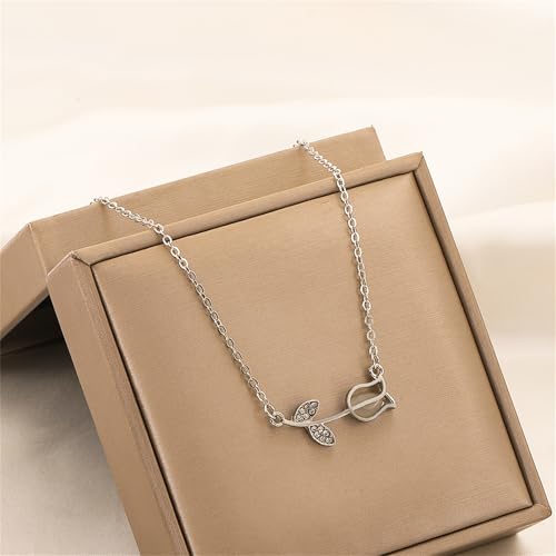 Image of coadipress Tulip Flower Pendant Necklace for Women Dainty Elegant Boho Temperament Crystal Tulip Necklace Trendy Statement Friendship Jewelry