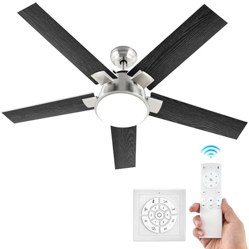 DWVO Ceiling Fan with Light and Wall Switch Remote, Quiet Reversible Motor, Dimmable LED Color, Memory Function for Bedroom Living Room Patio Indoor Outdoor, 52 Inch Modern Silver & Black Fan,