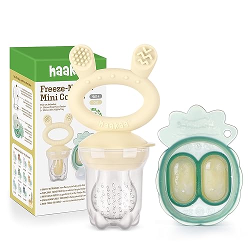 Image of Haakaa Baby Fruit Food Feeder & Mini Freezer Nibble Tray Combo, Breastmilk Popsicle Molds for Baby Cooling Relief, BPA Free Silicone Feeder for Safe Infant Self Feeding, 4 Month+ (Oat)