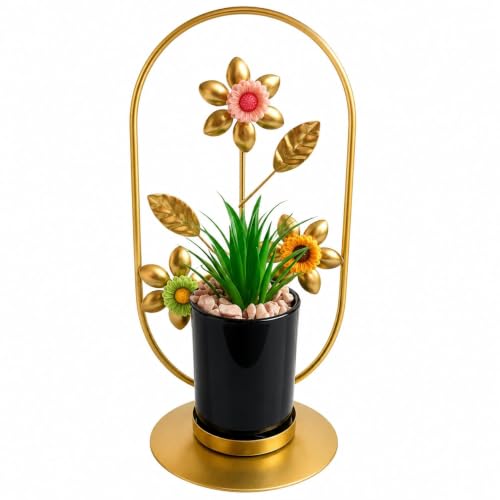 Image of Golden Metal Floral Stand With Artificial Green Plant And Black Ceramic Pot