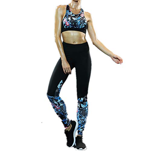 FANSU Donna Tuta da Ginnastica 2 Pezzi, Sexy Gilet Top & Elasticità Pantaloni Vita Alta Abbigliamento Sportivo Colore Splicing Moda Yoga Sportiva Fitness Jogging Tuta (S,Fiori Neri)