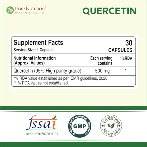 Image of Pure Nutrition Quercetin Supplement 500mg - 60 Capsules (30x2) | High Purity 95% Extract | Helps Seasonal Allergy Relief, Supports Immunity, Reduces Inflammation, Promotes Heart Health