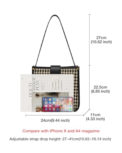 FOXLOVER Houndstooth Fabric Shoulder Bag for Women Top Handle Bucket Purse Casual Retro Portable Adjustable Straps3