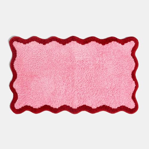 Image of OHS Bath Mats for Bathroom, Soft Absorbent Non-Slip Decorative Scallop Edge Tufted Bath Mat Machine Washable Shower Rug for Bathroom Floor, Pink/Red - 45 x 75cm