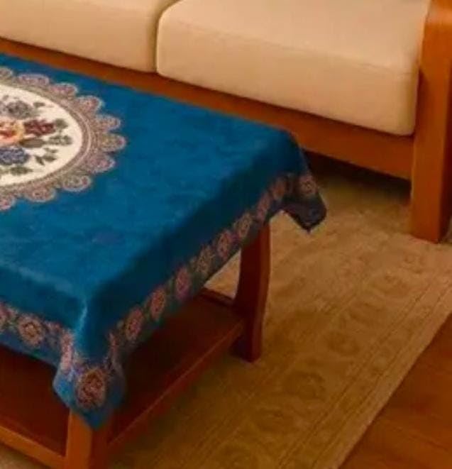 Image of Velvet Decorative Rectangular Table Cover with Traditional Design, Living Room Centre Table Cloth, Beige and Multicolour Size (36 * 56) (Blue Mandala t-c)