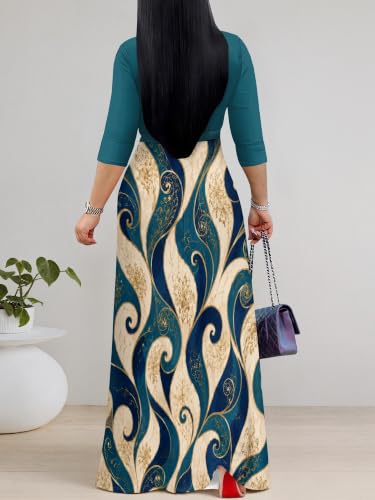 Image of PinkPatty Plus Size Maxi Dress for Women Casual V Neck 3 /4 Sleeve Boho Printed Long Dress with Pockets