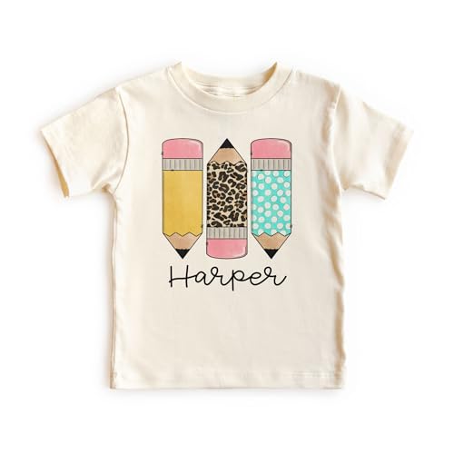 Girls Personalized Back to School Shirt - Custom Name T-Shirt with Cute Pencils, Leopard Print, and Polka Dots - Perfect First Day of School Outfit - Natural Toddler & Youth T-Shirt