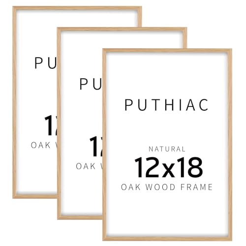puthiac 12x18 Oak Wood Picture Frame - Minimalist 12x18 Poster Frame, 12"x18" Picture Frame Wood, Natural Solid Wooden Picture Frames for Wall Art Photo and Prints(3 Pack, Beige)