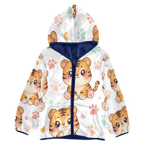 Cute Tiger Pattern Prints Design Toddler Fleece Jacket Girl Boys Hooded Fleece Jacket Coat Warm Outwear Zip-up 3-10T