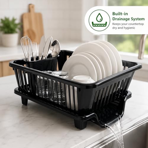 Image of Dish Rack, 3 in 1 Large Plastic Drainer Drying Rack Washing Basket with Tray, Utensil and Cutlery Organiser